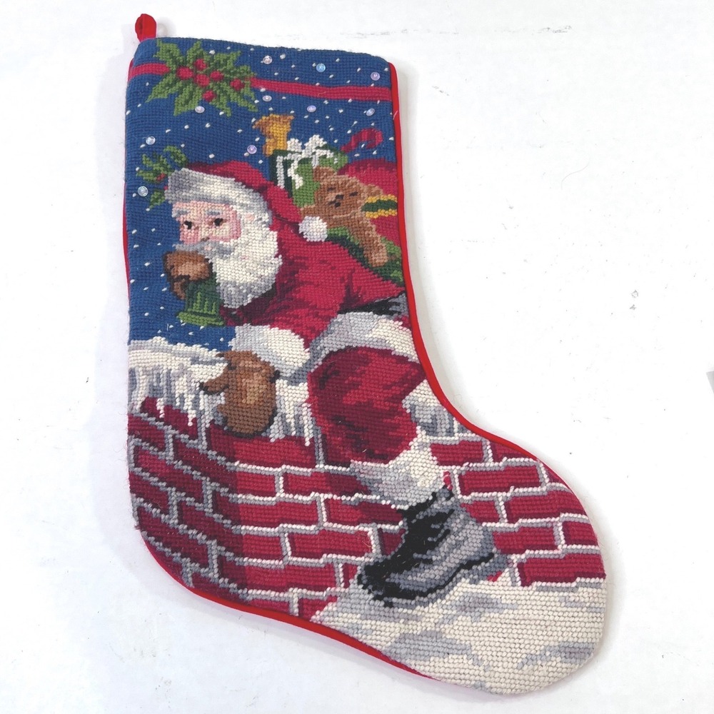Hand Needlepoint Christmas Stocking Santa Chimney Wool Velvet 11x18 NE0383